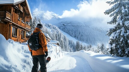 Canvas Print - A snowboarder stands on a snowy path looking at a mountain range.