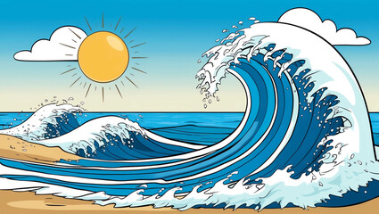 Cartoon waves crashing on a sandy beach with sun and blue sky background