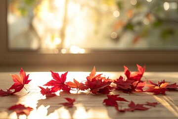 Wall Mural - Autumn background scene with red maple leaves on table with sunlight. Natural seasonal home decor for fall season, thanksgiving and holiday showroom with generative ai