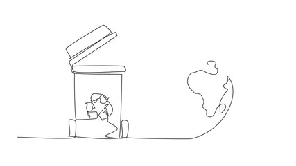 Poster - animated self drawing of single continuous line drawing trash can with open lid. recycle symbol. sor