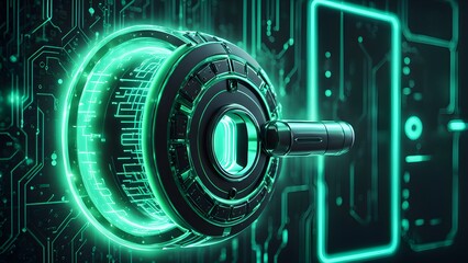 A glowing green keyhole on a black circular lock, surrounded by green digital circuit board lines.