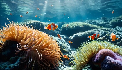 Colorful Underwater Paradise: Coral Reefs with Dancing Anemones and Playful Clownfish