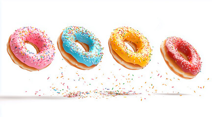 sweet donuts of different colours isolated on white background , donuts fly over white background