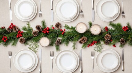 The dining table is elegantly arranged with white plates, silver utensils, and adorned with pinecones and candles, creating a warm, inviting atmosphere for the holidays