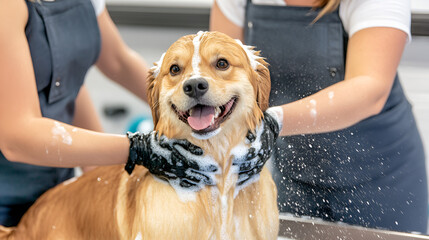 Pet grooming service team washing a happy dog in animal salon.