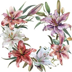 Wall Mural - Elegant Floral Wreath of Vibrant Pink and Red Lilies on White Background