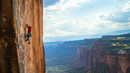 Sticker - A rock climber scales a steep cliff face, with a valley and mountain range in the background.