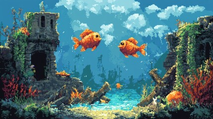 Poster - Pixelated Underwater Scene with Two Goldfish and Ruins