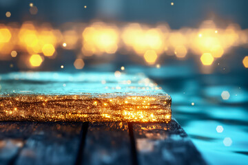 Poster - A golden textured surface glimmers beautifully, reflecting gentle lights from sparkling water. The serene setting evokes a feeling of calm and tranquility, inviting relaxation