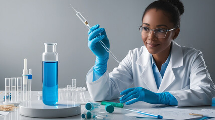 A photo of a woman scientist in a laboratory. She is wearing a lab coat and goggles. She is holding a pipette over a glass vial. There is a test tube with a dropper next to the vial. The background