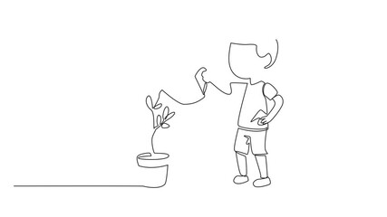 Poster - self drawing animation of single continuous line drawing a little boy watering pot of flowering plan
