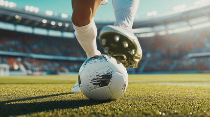 A soccer player's legs are in motion, positioned to kick a ball on a sunlit pitch with stadium viewers