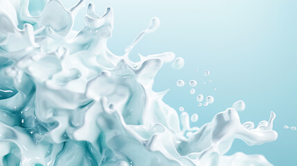 Poster - An abstract display of splashed white liquid forms captivating shapes against a soothing light blue background, ideal for contemporary wallpaper aesthetics