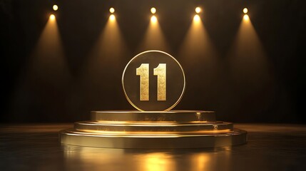 Poster - The number 11 is illuminated in gold on a platform.