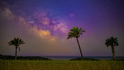 Poster - milky way and shooting stars streaking the sky in the coast. time lapse