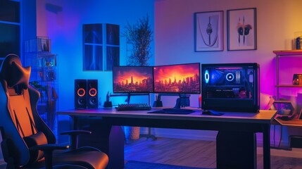 Poster - Dual-monitor gaming desk setup with RGB lighting, a striking gaming chair, and crystal-clear audio speakers.