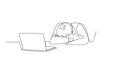Poster - Self drawing animation of single continuous line drawing businessman sits and asleep at office desk. Many deadlines in the pile of papers to be completed. National Napping Day. Full length animated