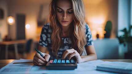 Focused woman using calculator for budget planning
