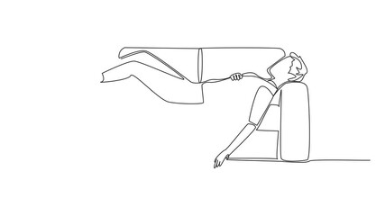 Poster - Animated self drawing of single continuous line drawing businessman sleeping well on office sofa. Recovering energy. Overworking. Hectic. National Napping Day. Full length single line animation