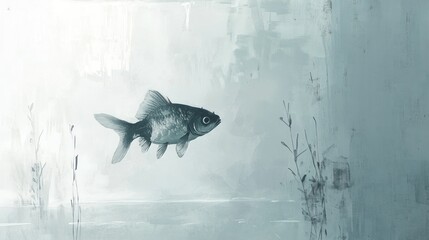 Wall Mural - A Single Black Fish Swimming in a Minimalist Water Setting