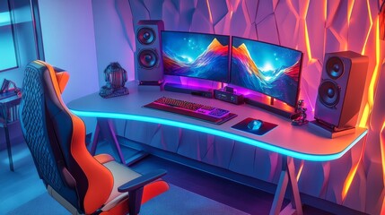 Poster - Immersive gaming desk with dual monitors, vibrant LED strips, a colorful chair, and surround sound speakers.