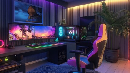 Poster - Immersive gaming desk with dual monitors, vibrant LED strips, a colorful chair, and surround sound speakers.