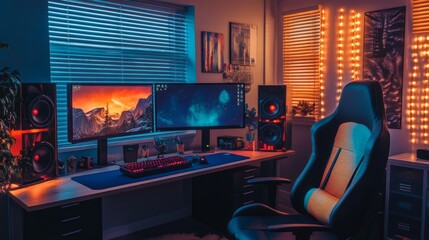 Poster - Immersive gaming desk with dual monitors, vibrant LED strips, a colorful chair, and surround sound speakers.
