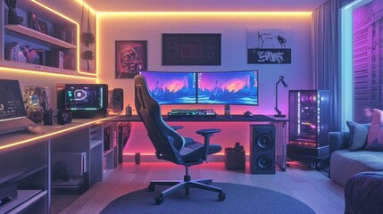 Poster - Modern gaming desk with dual monitors, glowing LED strips, and a bright gaming chair, surrounded by high-end speakers.