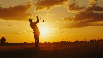 Sticker - A man plays golf at sunset, with a silhouette of his form and the setting sun.