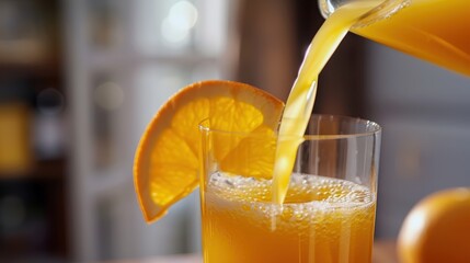 Closeup of a person pouring the sweet and exotic orange juice in the transparent glass