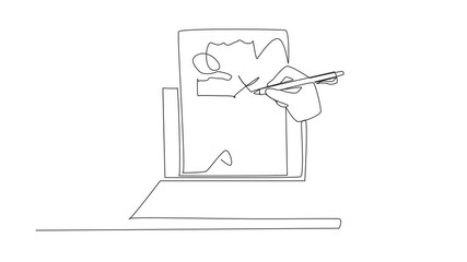 Poster - Animated self drawing of continuous line drawing hand is making corrections to the writing on the paper attached to the laptop screen. National Proofreading Day. Full length single line animation