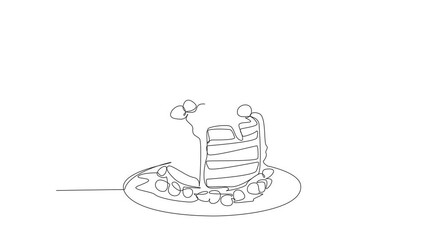 Poster - Animation of single one line drawing serving delicious pancake on a plate drizzled with honey. Topped with blueberries. National Flapjack Day. Continuous line self drawing animated. Full length motion
