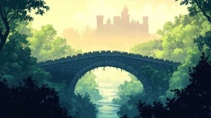 Stone bridge archway leading to a distant castle silhouette in a misty forest