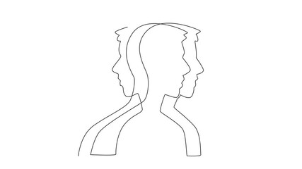 Poster - Self drawing animation of single one line drawing stacked male heads silhouette. Too hard to focus. Deep sense of anxiety. Disturbing health. Depression. Multiple Personality Day. Full length animated