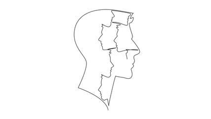 Poster - animated self drawing of continuous one line drawing a man's head, in there are many small heads. di