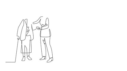 Poster - Animation of single one line drawing the female caregiver patiently helps the old grandmother walk. Long stick as a walking aid. Responsible. Continuous line self drawing animated. Full length motion