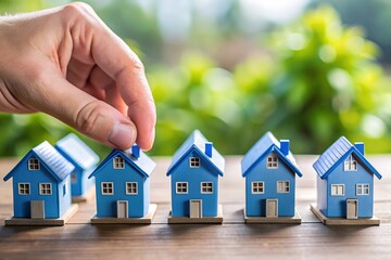 A hand selecting a small blue house from a row of miniature homes, symbolizing real estate choices and home ownership.