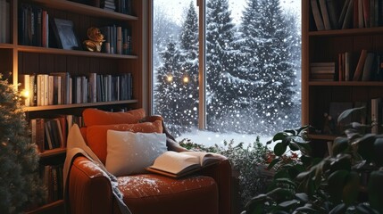 Wall Mural - A cozy reading nook by a window, overlooking a winter landscape filled with falling snow.