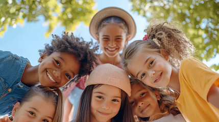 A group of happy, diverse children huddled in a circle, looking down and smiling at the camera, representing unity, friendship, and multicultural togetherness