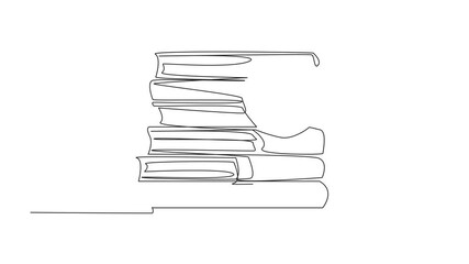 Poster - Self drawing animation of single continuous line drawing hand holding magnifying glass and pointing at a pile of books. Scientific research in language. National Grammar Day. Full length animated
