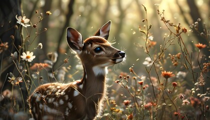 Wall Mural - Whimsical Awakening of a Fawn Among Blooming Flora in an Enchanted Forest