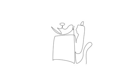 Poster - Animated self drawing of one line drawing cat with thumbs up gesture forward. Sign. Code approval from adorable pet cat. Concept of imitating human behavior. Full length single line animation