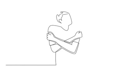 Poster - Animated self drawing of continuous line drawing teenage boy hugging himself with both hands. Release frustration. Calm down. World Teen Mental Wellness Day. Full length single line animation