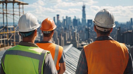 Three construction workers in safety gear overlooking a city skyline, engaging in teamwork on a skyscraper project.