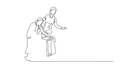 Poster - Animated self drawing of one line drawing caregiver guides an old grandmother who walks using a walker. Always highly dedicated to patient health. Appreciation Day. Full length single line animation