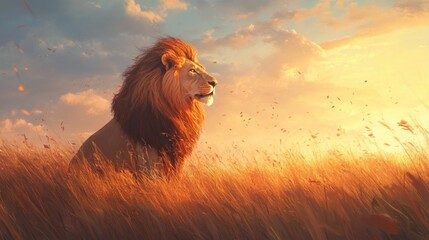 Canvas Print - Majestic Lion Standing in Tall Grass at Sunset