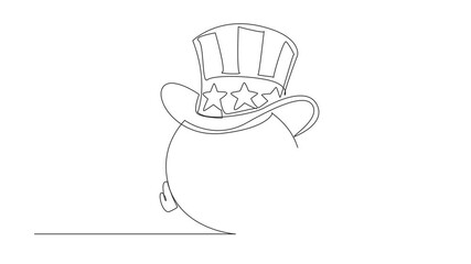 Poster - Animation of single continuous line drawing emoticon wearing an American hat with a gesture pointing forward. Emoji that can be used as mascot. One line self drawing animated. Full length motion