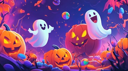 A vibrant Halloween background with cartoon pumpkins, playful ghosts, and colorful candy scattered across the scene.