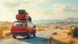 © Yeivaz - Red retro car with luggage on the roof. Family road trip with luggage on top of car