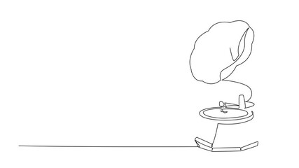 Poster - Animated self drawing of continuous line drawing gramophone. Classical music player using black discs. Technology from the past is now an antique. Retro. Vintage. Full length single line animation